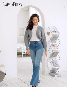 SweatyRocks  ท็อปแขนยาวถักลายนูนแบบสบายสำหรับผู้หญิง เสื้อคาร์ดิแกนสั้นเปิดด้านหน้า