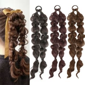 NBANLIKE Synthetic Bubble Braided Ponytail Extension Fluffy Long Twist Braid Hairpiece Vintage Sweet Handmade Braids Pony Tails for Women