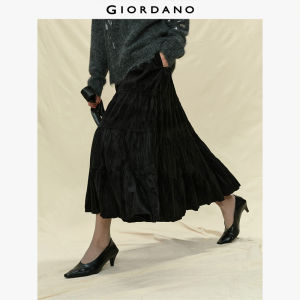 Giordano Women Velvet pleated tiered maxi skirt Free Shipping 18465533