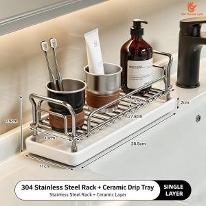 SG Stock Kitchen Sink‑Top Storage Caddy Stainless Steel Drain‑Design Rack With Removable Drip Tray Sponge Soap Holder