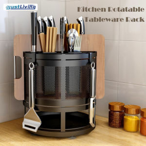 JustLiving Rotatable Kitchen Tableware Storage Shelf Rack Stainless Steel Knife Rest Multifunctional Knife Holder Chopsticks Barrel Chopping Board Multifunctional Kitchen Organizers Rack