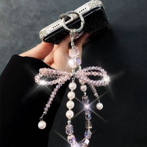 HBESTY Luxury Mobile Phone Lanyard Straps Rhinestone Bowknot Wrist Chain Charming Crystal Pendant Womens Keychain Short Wrist Pendant
