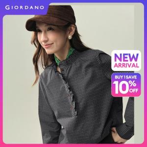 GIORDANO Women Shirts Ruffle Band Collar Windowpane Shirts Half Button Long Sleeve Fashionable Casual Loose Shirts 18346625