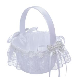 MIRELINA 4 kiểu dáng Giỏ hoa nơ ngọc trai satin Phụ kiện cưới Trắng Giỏ đựng đồ cưới bằng vải satin và ren Chất lượng cao. Giá đỡ nhẫn cho bé gái Đồ dùng cho phụ nữ/Phụ kiện cho lễ cưới