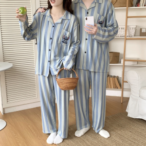 Cartoon Disney Stitch Spring Autumn New Pure Cotton Pajamas Striped Cartoon Animation Couple Loose Comfortable Casual Loungewear