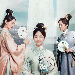 พัดลม พัดหญิง พัดกลมเต้นรำจีนโบราณ พัดจีน ภาคนกกระเรียนขาว พัด 2หน้าโปร่งแสงด้ามไม้ห้อยพู่อย่างดี