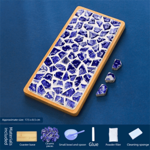 LINSBAYWU Bamboo Base Blue White Porcelain Coaster Material Kit Chinese Style Heat-resistant Blue White Porcelain Placemat Traditional Scratch Resistant Cup Mat Gift