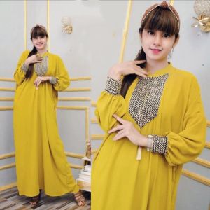 Gamis Kaftan Sultan Premium jumbo LD 150cm PJ 140cm Warna Kuning Polos Kombinasi Renda Terbaru Dan Terlaris