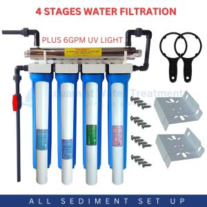Water Filtration System 4 Stages 20" Slim Type Basic Plus 6 GPM UVLight Set Up Complete Set with Gray UPVC Fittings
