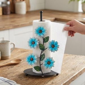 EDTUD Freestanding Floral Paper Towel Holder Flower Pattern 2D Flat Vertical Roll Paper Holder Unique Detachable Tissue Holder Home Bathroom