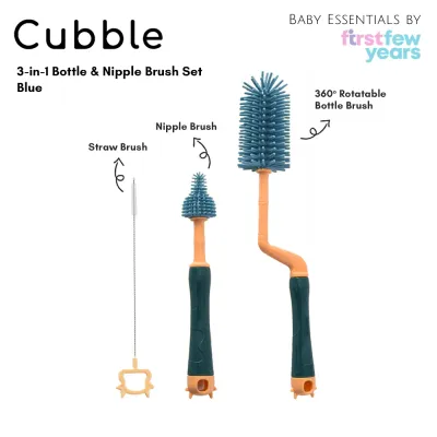 Cubble 3-in-1 Bottle and Nipple Brush Set (2 Colours) - Bottle Brush / Nipple Brush / Straw Brush - All in one Bottle Cleaning Set