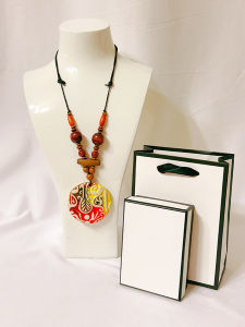 ECO STORY™ White Clay YELLOW-ORANGE BATIK FLORAL Large Handpainted Pendant Design A