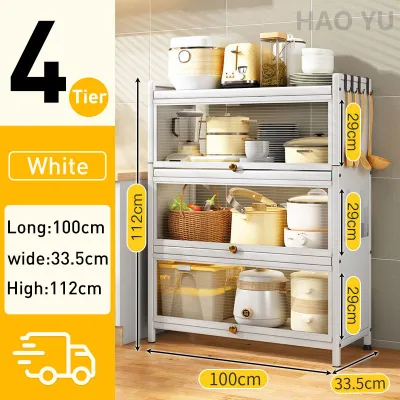 Kitchen Storage Cabinet | Rack Microwave Oven Rack | Cupboard Storage Shelves | Carbon Steel Kitchen Organizer | Rak Dapur Kabinet with Door Wheels