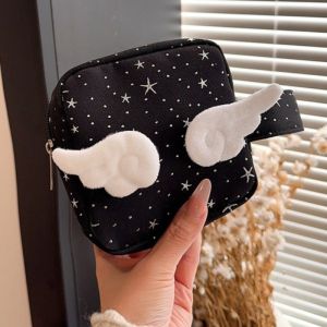 Cute Angel Wing Makeup Bag Portable Handheld Travel Cosmetic Organizer Storage Bag for Daily Sanitary Cotton Lipstick