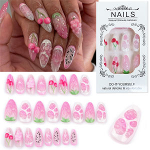 ZEEMIN 24Pcs Medium Almond Sweet Fruits Fake Nails 3D Jelly Pink Strawberry Cherry Grape Press On Nail Acrylic Wearable False Nail Tips