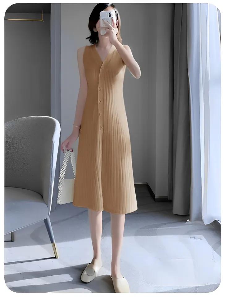 midi dress tanpa lengan NZINGA Eva | Midi Wanita Slim Fit Polos - Baju Square Neck Stylish | S Gaun tanpa lengan dengan potongan