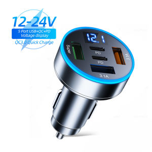 Kebidumei Multi Functional Car Charger MP3 Bluetooth 5.0 2USB+2PD Quick Charge Ci-garette Lighter Adapter 12-24V Fast Charging Phone Charger for Phone