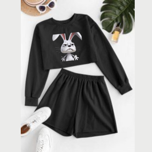 Baju Remeja Perempuan Setelan Crop Lengan Panjang Dan Celana Hotpants Motif Angry Bunny