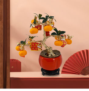 New Year Lucky Bonsai Tree – Artificial Orange/Pomegranate Tree 30cm Wide Golden Branches Tiger Ornaments & Auspicious Blessings