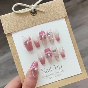 [HANDMADE]Artificial Nail Summer Cute Pink Plaid Flashing Sweet Girl Bow Phototpy Nails Reusable and Removable Nails