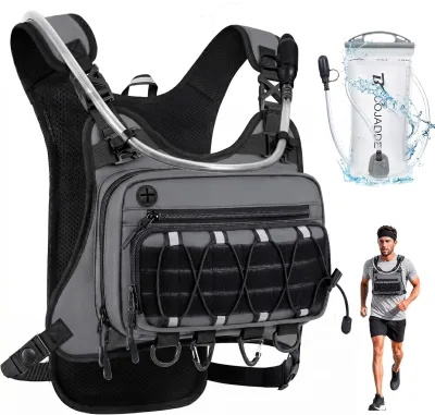 BECOJADDE Running Vest for Men with 2L Water Bladder Tactical Hydration Backpack Adjustable Lightweight Chest Pack for Marathon Cycling