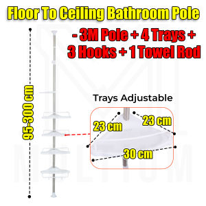 Floor To Ceiling Bathroom Organizer – Adjustable Corner Shelf Tension Rod with 4 Trays Multi-functional 3 Meters Shower Caddy Pole Stand for Shampoos Soaps Lotions and Loofahs Suitable in Bathroom and Laundry Room