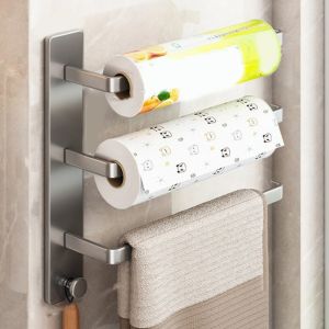 CHENJIE Carbon Steel Paper Towel Holder Wall Mounted No-Drill Roll Paper Storage Rack Practical Space Saving Cabinet Hanging Organizer Kitchen