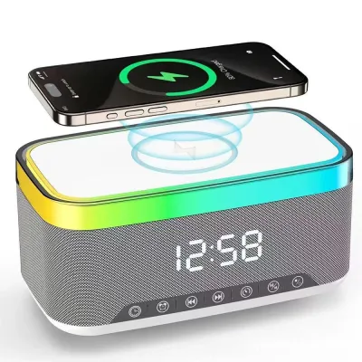 New Smart Bluetooth Speaker 15W Wireless Charger Bedhead Night Light Alarm Clock LED Clock with FM Radio Music Center
