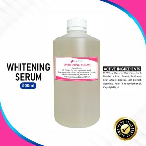 Whitening Serum 500ml with Active Ingredients D. Water Glycerin Hyaluronic Acid Bearberry Fruit Extract Mulberry Fruit Extract Licorice Root Extract Ascorbic Acid Phenoxyethanol Caprylyl Glycol.