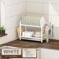 2-Layer Dish Rack Kitchen Dish Storage Rack Black Kitchen Utensil Rack With Pull Drain Tray Kitchen Organizer. 