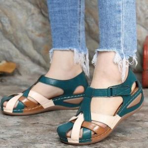 [Free Shipping] Plus-Size Round-Toe Wedge Heel Velcro Strap Outdoor WomenS Straw Sandals In Stock Low Heel Breathable Roman Style