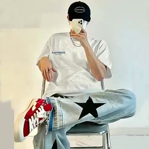 ทีเชิ้ตโอเวอร์ไซส์ ปักลาย Ese สองเส้น แบรนด์แฟชั่นไฮสตรีท สีฟ้าคลีนฟ็อก แขนสั้น