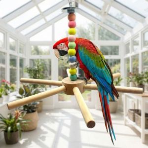 OUTOPEN Wood Rotating Bird Perch Toy Detachable Large Size Hanging Bird Stand Durable Colorful Beads Parrot Play Rack for Pet Birds