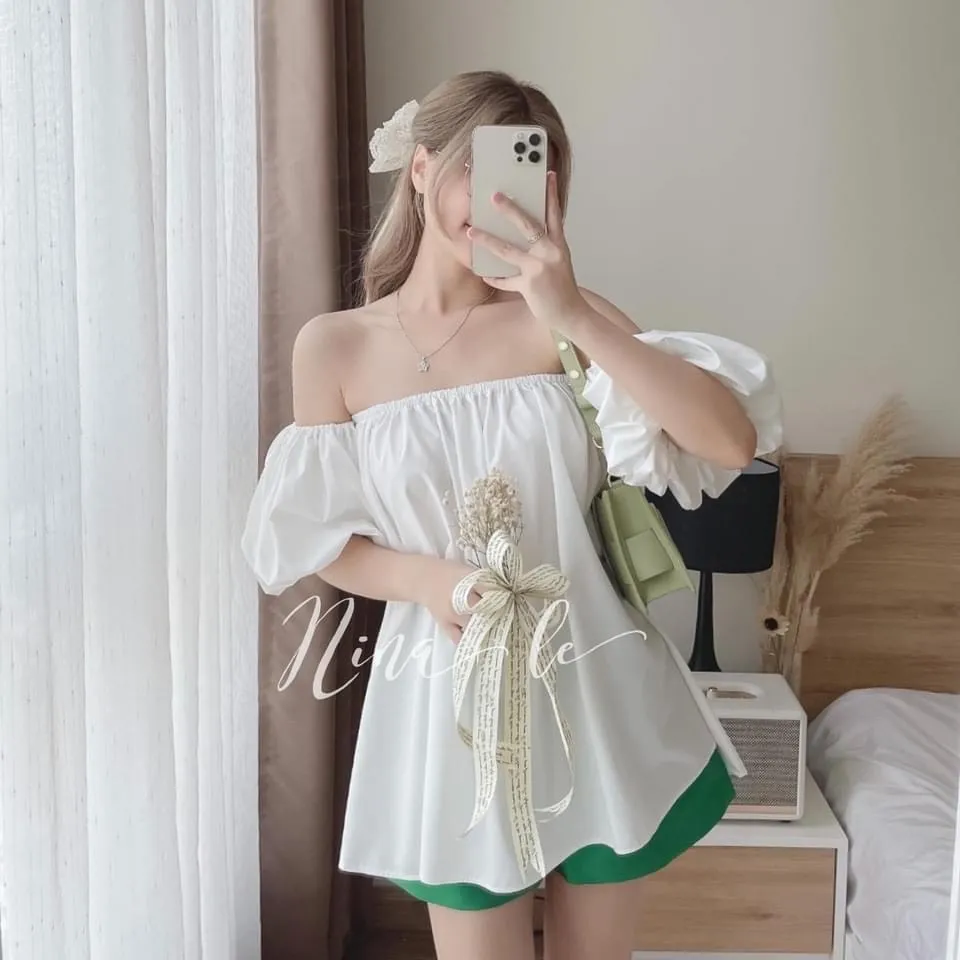 Đầm babydoll trắng cổ vuông nơ cài. Váy xòe trắng trễ vai thời trang  Ulzzang. Đầm