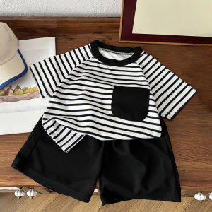 AILEBE Kids Sets Vintage Bear Print Striped Short Sleeve Top Shorts Set Soft Breathable Pearl Fabric All-Year PH Wear Round Neck Easy Dress Elastic Waist Comfy Pambahay OOTD For Baby Boys Girls 6Months – 9Years