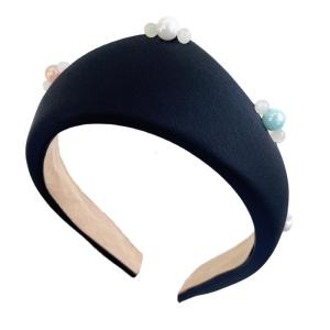 Soft Fabric Headbands Wide High Skull Hairband with Pearls Decors and Crowns Design for Women Various Occasion Outfit