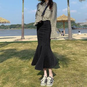 Womens Denim Mermaid Skirt Slim Fit High Waist Elastic Fishtail Skirt for Casual Wear