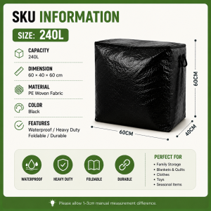 Large Thick Zippered Waterproof Storage Bags (180L 240L 300L 400L) for Clothes Bedding and Moving Back to Your Hometown