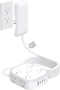 Outlet Cover Extension Cord Short 3ft  Flat Plug Power Strip with 8 Outlets & 3 USB-C & 1 USB-A Port 13A/1625W 1440J Surge Protector Indoor 3 Prong Flat Wall Plug for Tight Spaces White