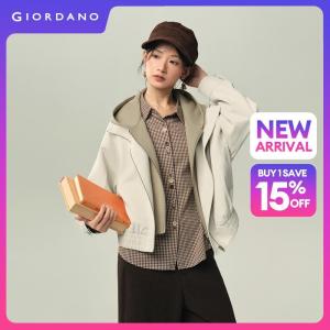 Giordano Women Fake two-piece relaxed hooded jacket Free Shipping 18376210
