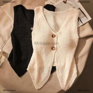 [COD] Millennium Summer Women Fashion Solid Color Chic Buttons V-neck Sleeveless Knitted Camisole