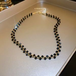 Black Crystal White Pearl Hand-Knit Necklace Light Luxury Graceful Personality Clavicle Chain
