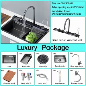 Kitchen Sink 3.0MM Thickness SUS 304 Stainless Steel Sink with Waterfall Pullout Faucet High Quality Sink Home Sink