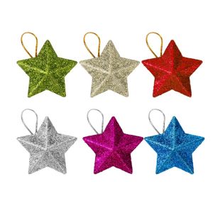 12/6pcs 5cm 3D Glitter Star Ornaments / Xmas Tree Pentagram Hanging Pendant with Rope / Mini Five Pointed Star Christmas New Year Party Decoration