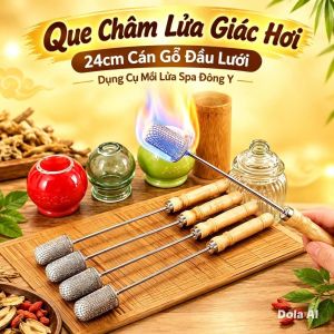 Que Châm Lửa Giác Hơi 24cm Cán Gỗ Đầu Lưới Dụng Cụ Mồi Lửa Spa Đông Y