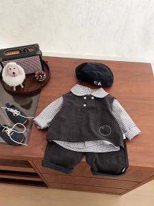 Baby Boy Autumn British Style Outfit: Stylish Vest Striped Shirt Casual Straight Pants Three-Piece Set