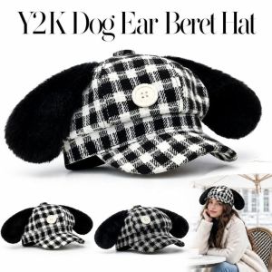 YING39292 Button‑Decorated Dog Ear Beret Hat Octagonal Warm Furry Ear Octagonal Hat Retro Y2K Plaid Newsboy Cap Autumn Winter