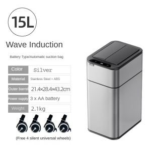 Plexor 15/20L Stainless Steel Motion Sensor Trash Can with Cover and Wheels Smart Automatic Garbage Bins with Lids and Bag Adsorption Funtion Waterproof and Dogproof Intelligent Bins Bucket for Living Room Bedroom Kitchen Bathroom and Office