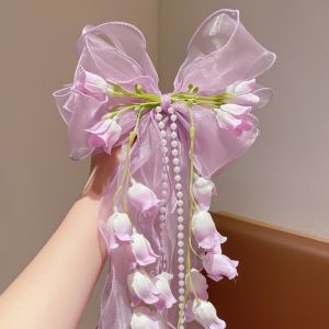 COUPLECOL Tassel Fairy Flower Hair Clip Sweet Long Ribbon Lace Bow Duckbill Clip Lolita Mesh Flower Hairpin Women
