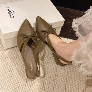 Free Shipping 2026 New Spring And Summer Collection: Closed-Toe Sandals With Chunky Heels Nude-Colored Bow Details Perfect For Pairing With Dresses And Featuring A Pointed-Toe Design